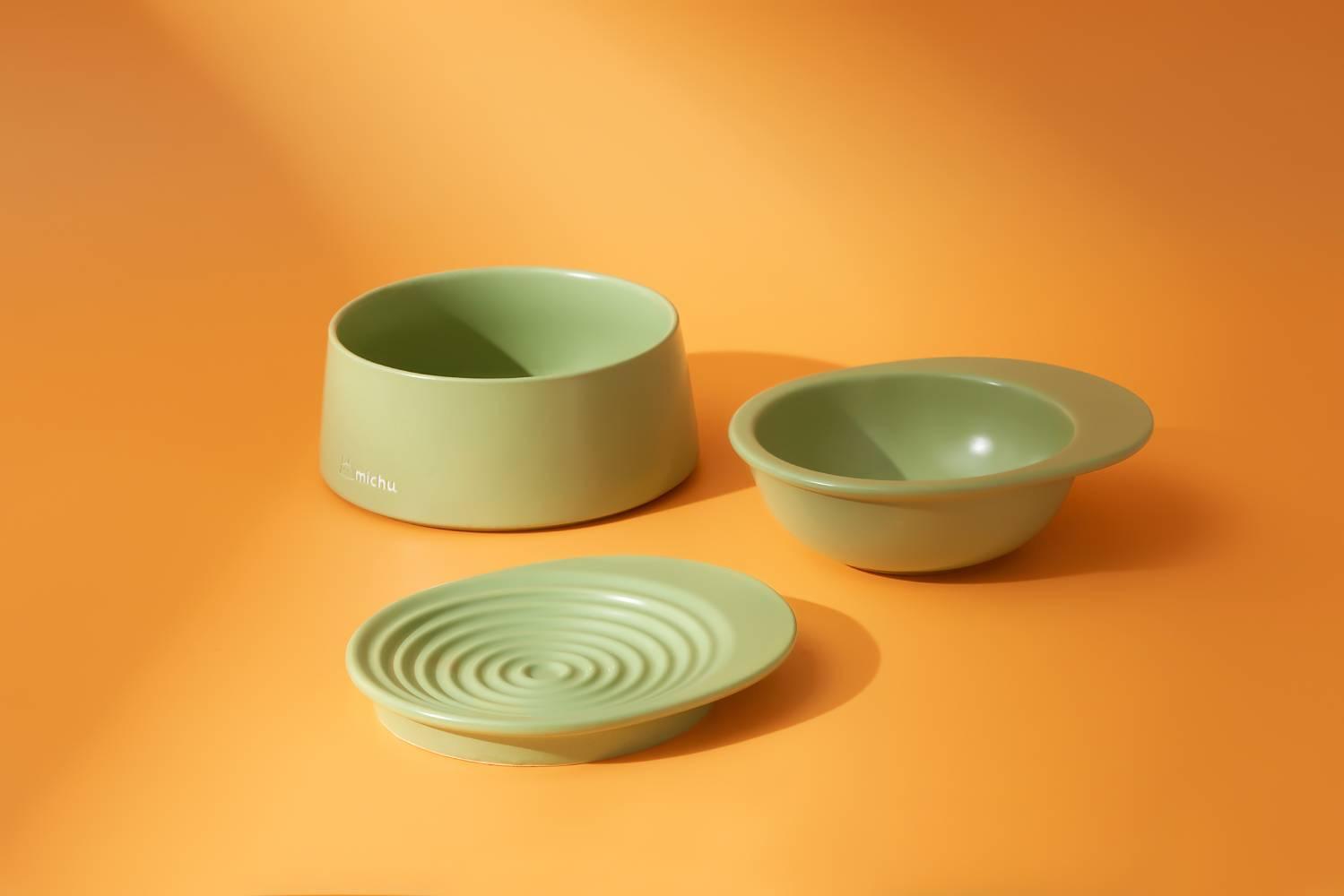 Michu Ceramic 3pcs Dinnerware Set- Raised Bowl and Plate Set for Everyday Pets Essentials