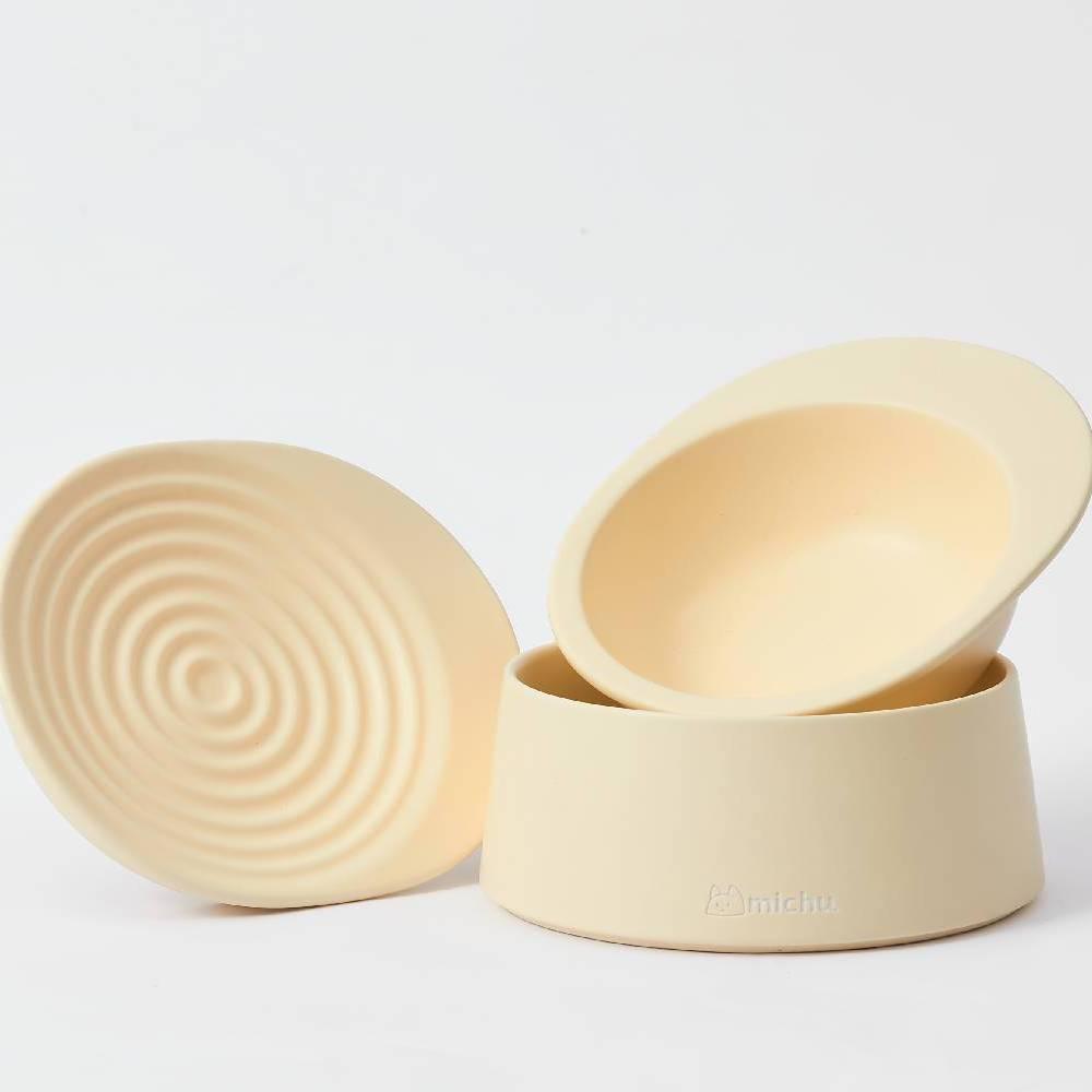Michu Ceramic 3pcs Dinnerware Set- Raised Bowl and Plate Set for Everyday Pets Essentials