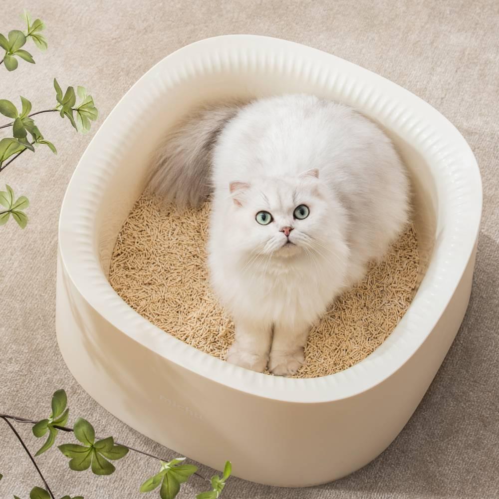 Michu Macaron High Edge Cream White Open Style Extra Large Cat Litter Box Designed by MEOOF XL