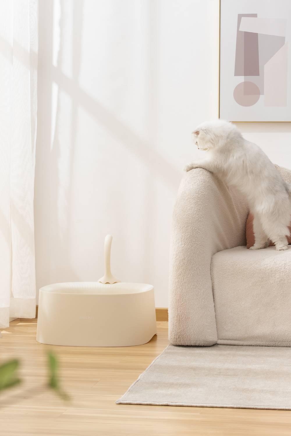 Michu Macaron High Edge Cream White Open Style Extra Large Cat Litter Box Designed by MEOOF XL