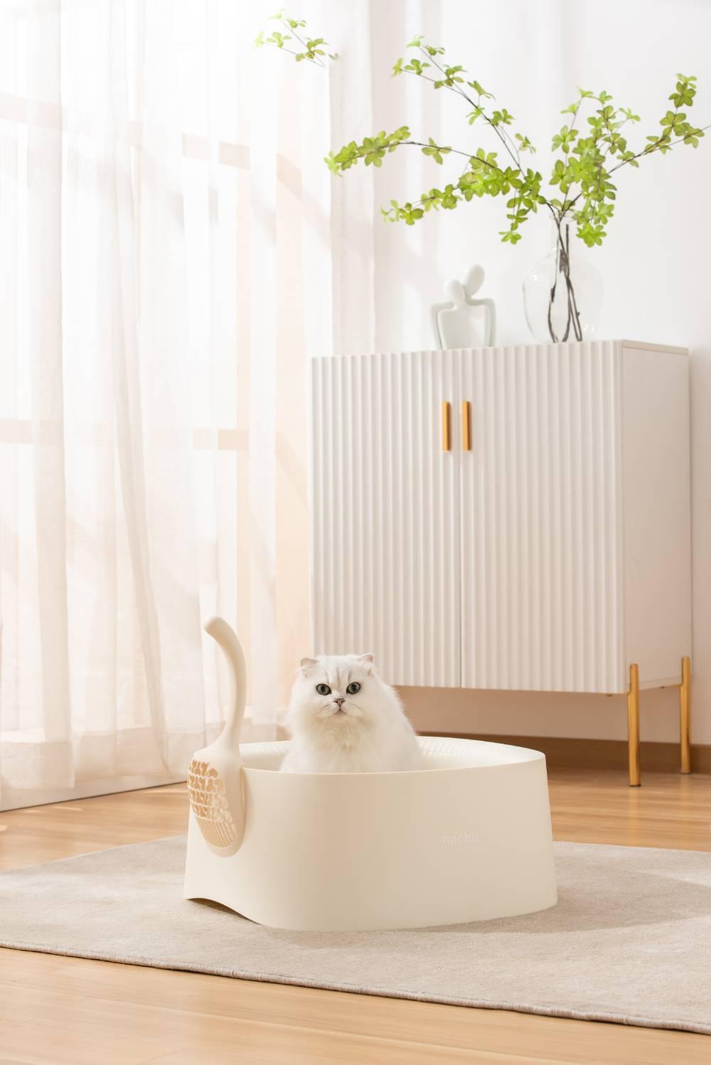 Michu Macaron High Edge Cream White Open Style Extra Large Cat Litter Box Designed by MEOOF XL