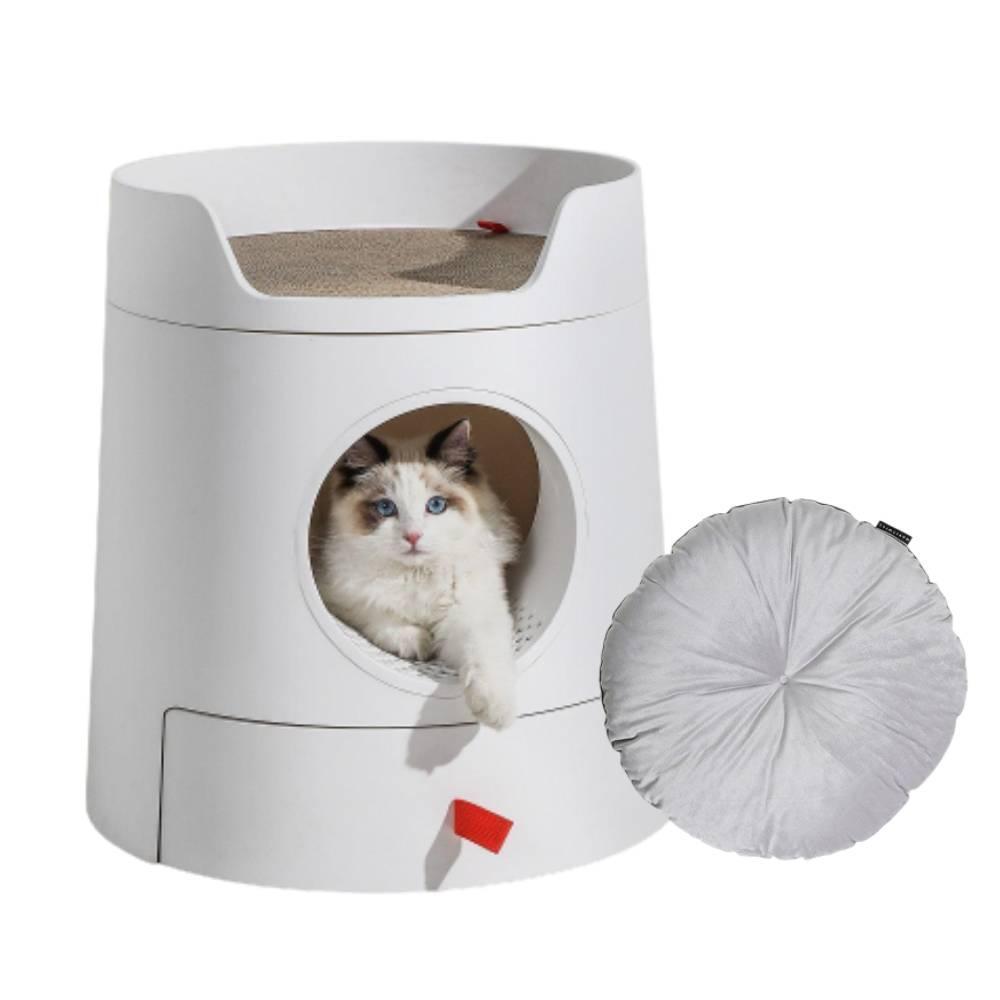 Michu XL Castle 2-in-1 Semi- Closed Cat Litter Box with Scratch Basin & Scoop Included, White