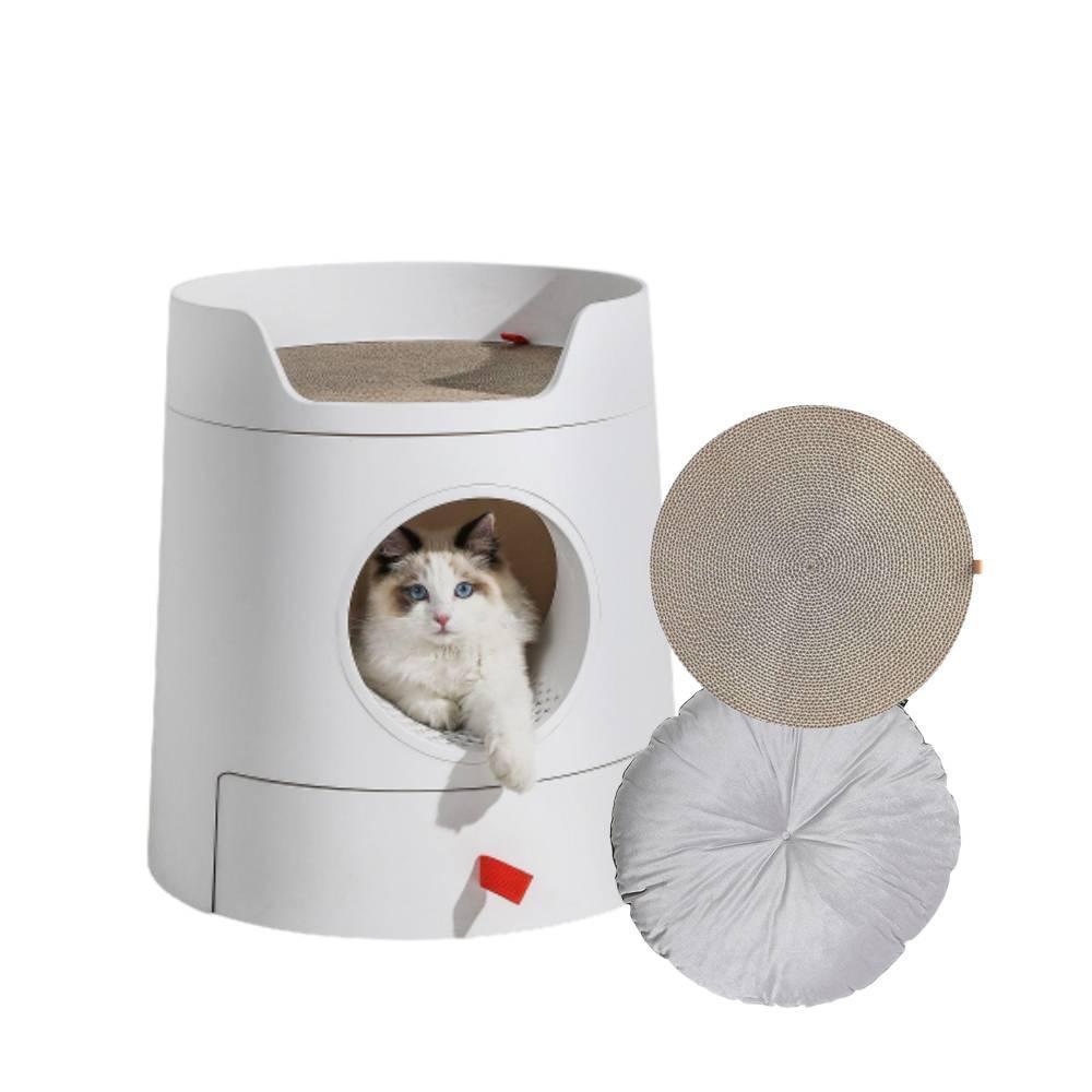 Michu XL Castle 2-in-1 Semi- Closed Cat Litter Box with Scratch Basin & Scoop Included, White