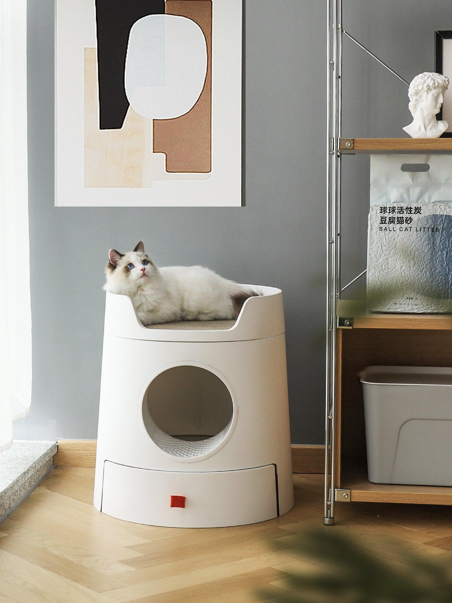 Michu XL Castle 2-in-1 Semi- Closed Cat Litter Box with Scratch Basin & Scoop Included, White