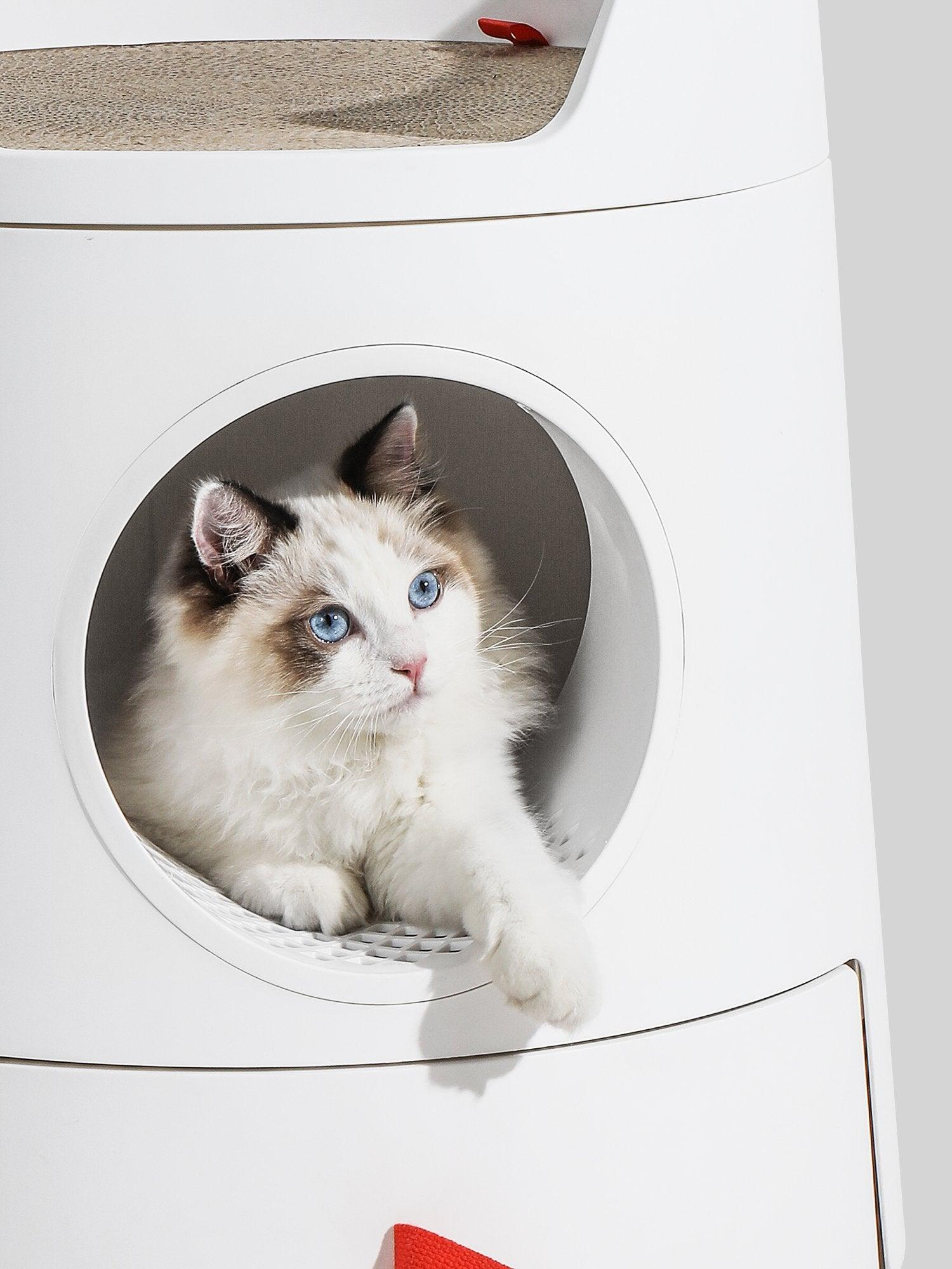 Michu XL Castle 2-in-1 Semi- Closed Cat Litter Box with Scratch Basin & Scoop Included, White