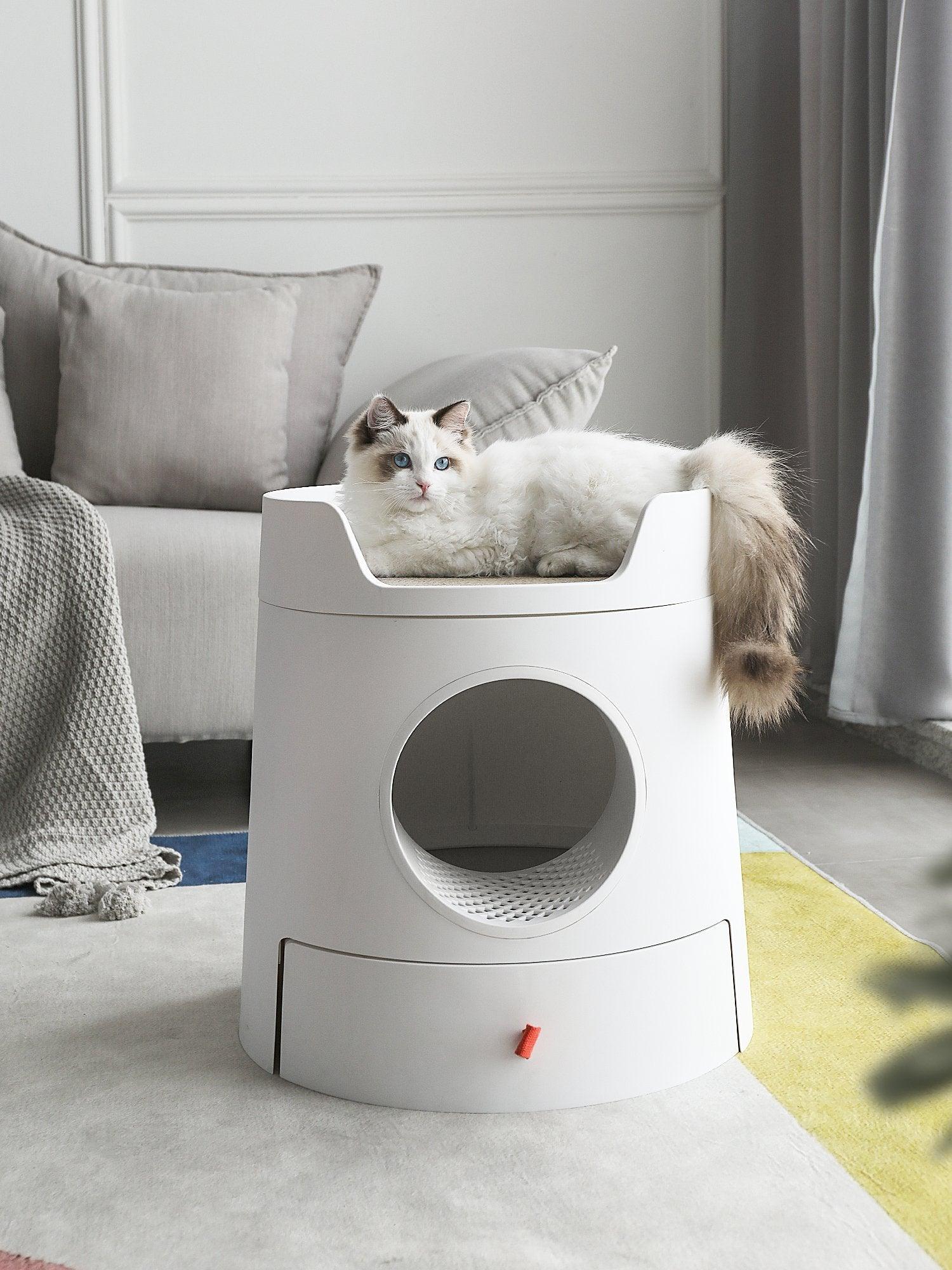 Michu XL Castle 2-in-1 Semi- Closed Cat Litter Box with Scratch Basin & Scoop Included, White