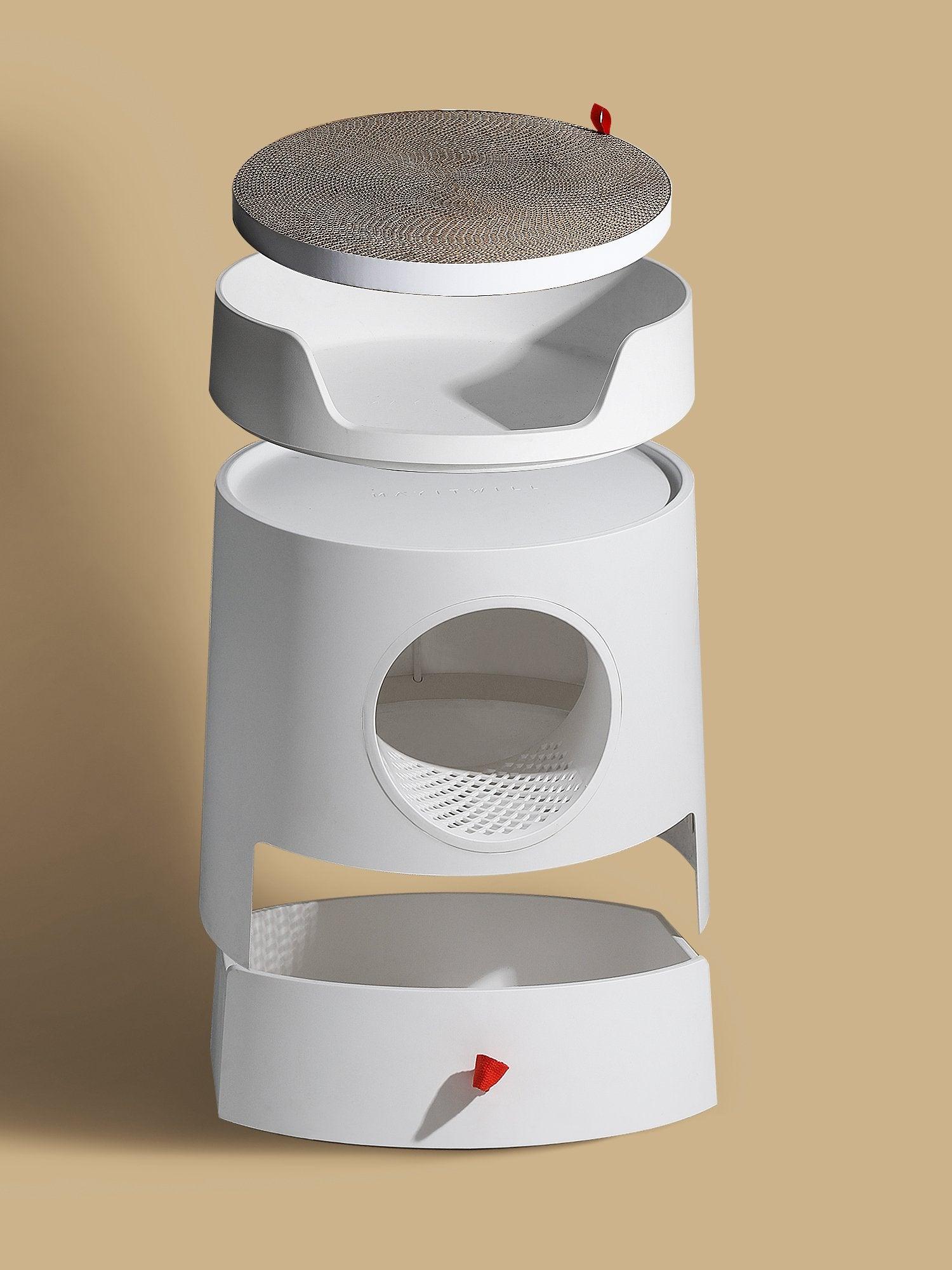 Michu XL Castle 2-in-1 Semi- Closed Cat Litter Box with Scratch Basin & Scoop Included, White